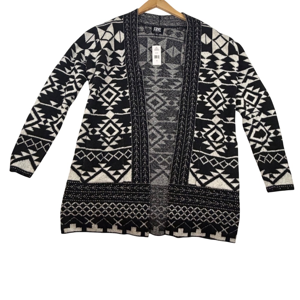 Frye Womens Geometric Southwestern Open Front Cardigan Black White XS 1900983